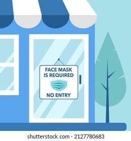 No Entry Without Face Mask Sign On Shopping Store Front Door In Flat Design Vector Illustration.