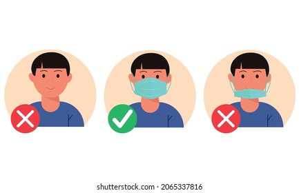 No entry without wearing a mask. Person man with and without a medical mask. Infographic.