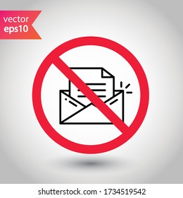 Kein Umschlagsymbol Verbotenes Mailing Icon. Kein E-Mail-Vektorzeichen. Verbotenes Mailingvektorsymbol Warnung, Vorsicht, Aufmerksamkeit, Einschränkung flache Schilder Design. Kein Brief