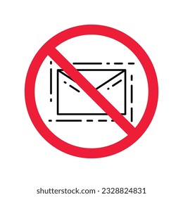 Kein Umschlagsymbol. Verbotenes Mailing-Icon. Kein E-Mail-Vektorzeichen. Verbotenes Mailing, Vektorsymbol. Warnung, Vorsicht, Aufmerksamkeit, Sperrflachdesign. Kein Brief