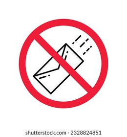 Ningún icono de sobre. Icono de correo prohibido. No hay señal de vector de correo electrónico. Icono de vector de correo prohibido. Advertencia, precaución, atención, restricción de diseño plano de señalización. Sin carta