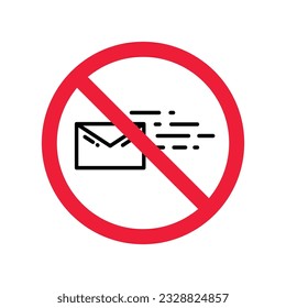 Ningún icono de sobre. Icono de correo prohibido. No hay señal de vector de correo electrónico. Icono de vector de correo prohibido. Advertencia, precaución, atención, restricción de diseño plano de señalización. Sin carta