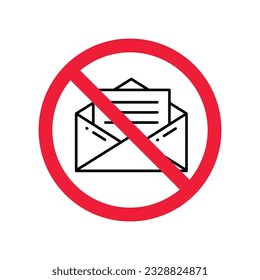 Ningún icono de sobre. Icono de correo prohibido. No hay señal de vector de correo electrónico. Icono de vector de correo prohibido. Advertencia, precaución, atención, restricción de diseño plano de señalización. Sin carta