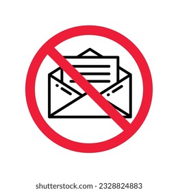 Kein Umschlagsymbol. Verbotenes Mailing-Icon. Kein E-Mail-Vektorzeichen. Verbotenes Mailing, Vektorsymbol. Warnung, Vorsicht, Aufmerksamkeit, Sperrflachdesign. Kein Brief