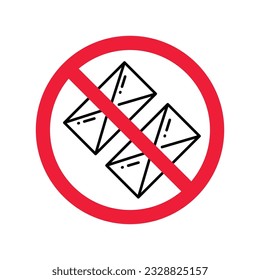 Ningún icono de sobre. Icono de correo prohibido. No hay señal de vector de correo electrónico. Icono de vector de correo prohibido. Advertencia, precaución, atención, restricción de diseño plano de señalización. Sin carta