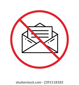 Ningún icono de sobre. Icono de correo prohibido. No hay señal de vector de correo electrónico. Icono de vector de correo prohibido. Advertencia, precaución, atención, restricción de diseño plano de señalización. Icono de interfaz de usuario de UX sin letra