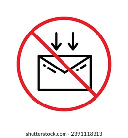 Kein Umschlagsymbol. Verbotenes Mailing-Icon. Kein E-Mail-Vektorzeichen. Verbotenes Mailing, Vektorsymbol. Warnung, Vorsicht, Aufmerksamkeit, Sperrflachdesign. Kein Buchstabe UX UI Symbol