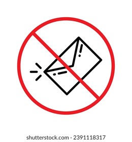 Ningún icono de sobre. Icono de correo prohibido. No hay señal de vector de correo electrónico. Icono de vector de correo prohibido. Advertencia, precaución, atención, restricción de diseño plano de señalización. Icono de interfaz de usuario de UX sin letra