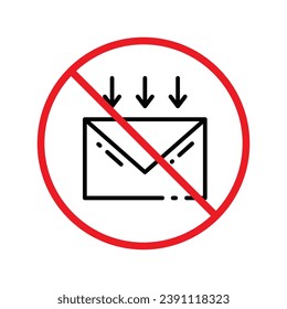 Kein Umschlagsymbol. Verbotenes Mailing-Icon. Kein E-Mail-Vektorzeichen. Verbotenes Mailing, Vektorsymbol. Warnung, Vorsicht, Aufmerksamkeit, Sperrflachdesign. Kein Buchstabe UX UI Symbol