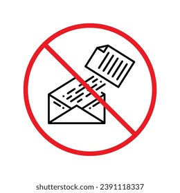 Ningún icono de sobre. Icono de correo prohibido. No hay señal de vector de correo electrónico. Icono de vector de correo prohibido. Advertencia, precaución, atención, restricción de diseño plano de señalización. Icono de interfaz de usuario de UX sin letra