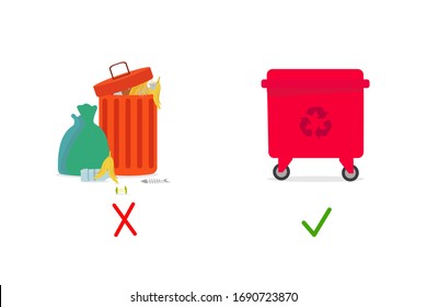 No to Environmental contamination . Full dustbin with different garbage vs recycling trash can