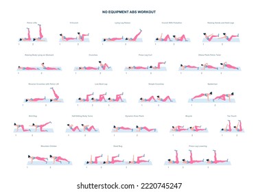 No equipment ABS workout for women. Female character doing exercises on abdominal muscles. Sport exercise for fit abs. Physical training program. Flat vector illustration