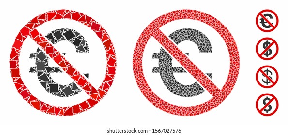 No euro mosaic of trembly elements in different sizes and shades, based on no euro icon. Vector uneven elements are combined into mosaic. No euro icons collage with dotted pattern.