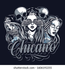 No Evil Monkeys chicano tattoo template with skeletons covering eyes ears mouth of three beautiful girls in vintage style isolated vector illustration