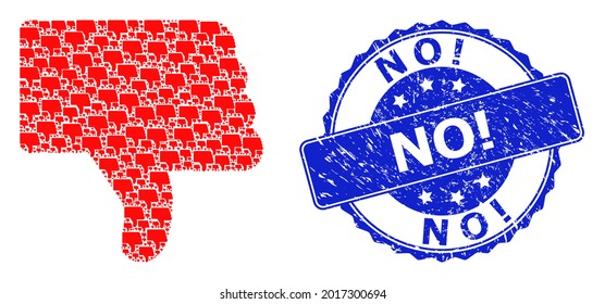 No Exclamation scratched round stamp and vector recursion mosaic thumb down. Blue stamp contains No Exclamation tag inside round shape. Vector mosaic is composed with scattered thumb down icons.
