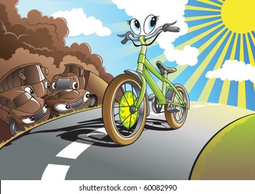 No exhaust! Smiling bicycle rides on the road prevailing over the gasoline engines, vector illustration