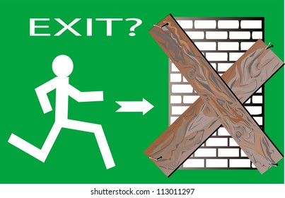 no exit. silhouette of a man running towards the closed door