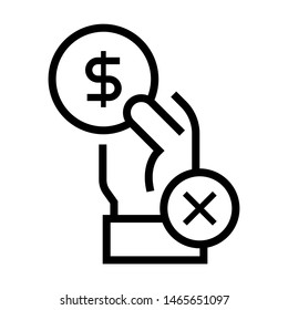 No expense icon. Free service charge. Hand holding dollar coin with cross sign. Simple line icon. Isolate on white background.