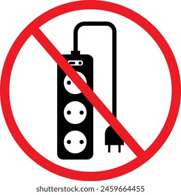 No extension cord voltage symbol. Do not use extension cord sign. Forbidden Prohibited Warning. flat style.