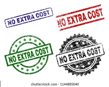 NO EXTRA COST seal prints with corroded texture. Black, green,red,blue vector rubber prints of NO EXTRA COST title with dirty texture. Rubber seals with circle, rectangle, medal shapes.