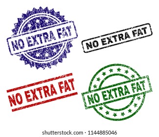 NO EXTRA FAT seal prints with damaged texture. Black, green,red,blue vector rubber prints of NO EXTRA FAT label with retro surface. Rubber seals with circle, rectangle, rosette shapes.