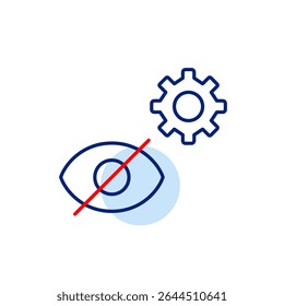 No eye and cogwheel. Vsion settings, visual system configuration, accessibility options, eye-tracking controls, display optimization. Pixel perfect, editable stroke vector icon