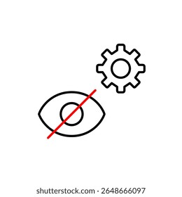 No eye and cogwheel. Vsion settings, visual system configuration, accessibility options, eye-tracking controls, display optimization. Pixel perfect, editable stroke vector icon