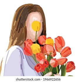 No face abstract female person and tulips bouquet  hand drawn vector illustraion in art markers style