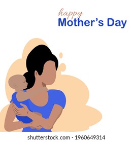 No Face Black Mother Wearing Blue Shirt On Take Care Your Cute Baby By Holding On Both Left And Right Hand. Mum Holding Baby Son In Arms.Vector Flat Design Concept For Happy Mother`s Day Greeting Card