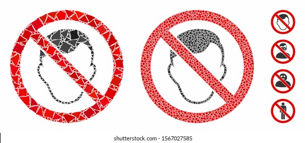 No face composition of inequal parts in various sizes and color hues, based on no face icon. Vector inequal parts are combined into collage. No face icons collage with dotted pattern.