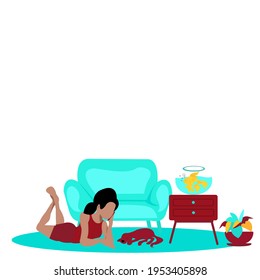 No face girl calling phone with light blue sofa and cute dog in living room has golden fish in round jar on crimson  drawer table. Young woman relaxing at home.Vector illustration in a flat style 
