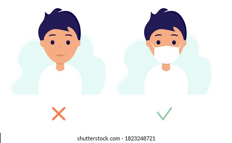 No face mask no entry. Man with and without face mask. Vector illustration in flat style.