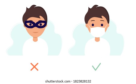 No face mask no entry. A man in a carnival mask and a medical mask. Vector illustration in flat style.
