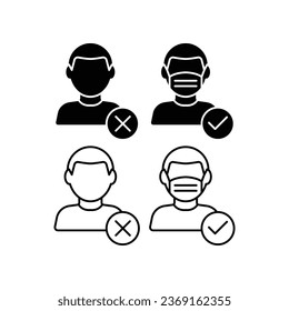 No Face Mask No Entry. Man in wrong and right wear mask Icon. Notice Safety, Coronavirus precautions. Mask required warning prevention sign. Wear dust mask. Vector illustration, white background EPS10