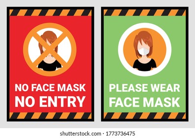 No face mask, No entry to protect and prevent from Coronavirus or Covid-19. Warning sign vector for use to notice to people or visiter beware and wear face mask before enter the stores, supermarkets