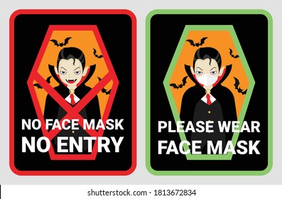 No face mask, No entry to protect & prevent from Coronavirus or Covid-19. Warning sign vector for notice people or visiter beware and wear face mask before enter the stores, supermarkets on Halloween