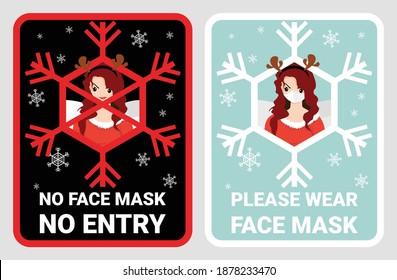 No face mask, No entry to protect or prevent from Coronavirus or Covid-19. Warning sign vector for notice people or visiter beware and wear face mask before enter the stores, supermarkets on Christmas