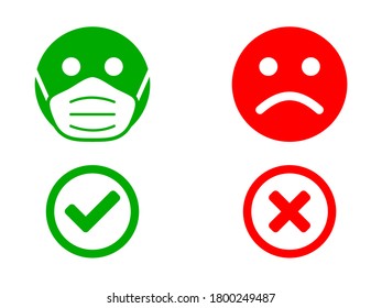 No Face Mask, No Entry Right and Wrong or Wear a Mask Icon. Vector Image.