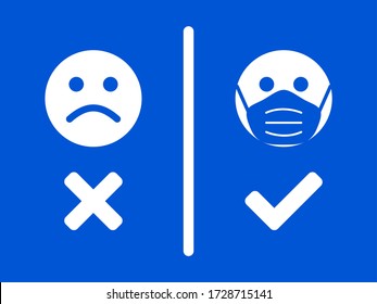 Sin máscara de cara, sin signo de entrada con iconos de cara enmascarados y desenmascarados y una relación de aspecto de 4:3. Imagen vectorial.