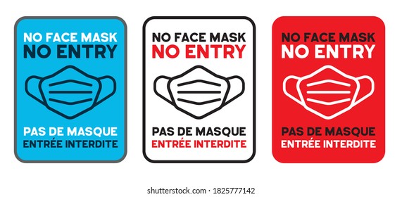 Keine Gesichtsmaske Kein Eintragszeichen englische Sprache. Pas de masque entrée interdite franz. Sprache, Warnzeichen an öffentlichen Orten und Vorsicht COVID-19. Vektorgrafik für Druckaufkleber, Web-Nachricht.
