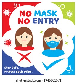 No face mask No entry sign. Vector warning sign without a face mask no entry and keep a distance. COVID-19 caution front public places door plate. Print sticker. Put on a face mask before the entrance