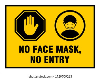 No Face Mask No Entry Warning Sign with a Stop Hand Icon and Wear a Face Mask Icon. Vector Image.