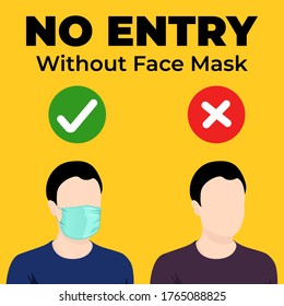 No Face Mask No Entry. Warning Sign For Use Mask In This Area. Face Mask Area And Mask Required. Vector Illustration On White Background. Flat Design Style. Modern Style Illustration. EPS10 Editable