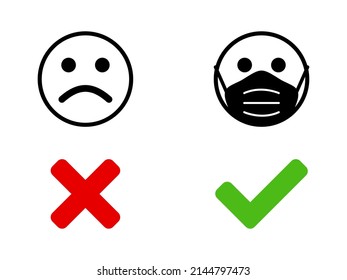 No Face Mask, No Entry or Wear a Mask Icon with Masked and Unmasked Face Symbols. Vector Image.