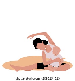 No face Mother Holding Baby Son In Arms doing yoga Newmum exercising Yoga pose hug Child in arm white background Vector isolate flat design concept for Happy Mother`s Day Greeting Card Yoga day 