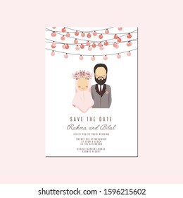 No Face Muslim Couple Portrait Wedding Invitation with Pink Peach Lantern - Faceless Walima Nikah Save The Date Template