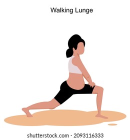 No Face Pregnant Woman Yoga Pose .Young Woman Pregnant Walking Lunge Pose With Text On White Background.Vector Isolate Flat Design Concept For Exercising Prenatal Better For Mum And Baby