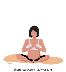 No face Pregnant woman yoga easy pose .Young short hair  woman Pregnant doing Asana yoga and sitting on the floor on white background.Vector isolate flat design concept for exercising prenatal health.