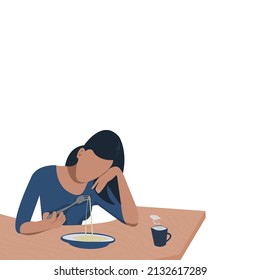 No Face Young Beautiful Long Black Hair Woman Is Sitting At Table Bored Food.Cute Girl Has Anorexia-cachexia Syndrome.Lady With Healthy Foods.Vector Flat Design Idea Concept Loss Of Appetite.