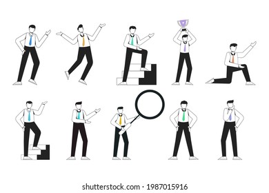 no face young man worker character presentation pose set with hand gesture. male business people standing. businessman with outline style isolated vector illustration.